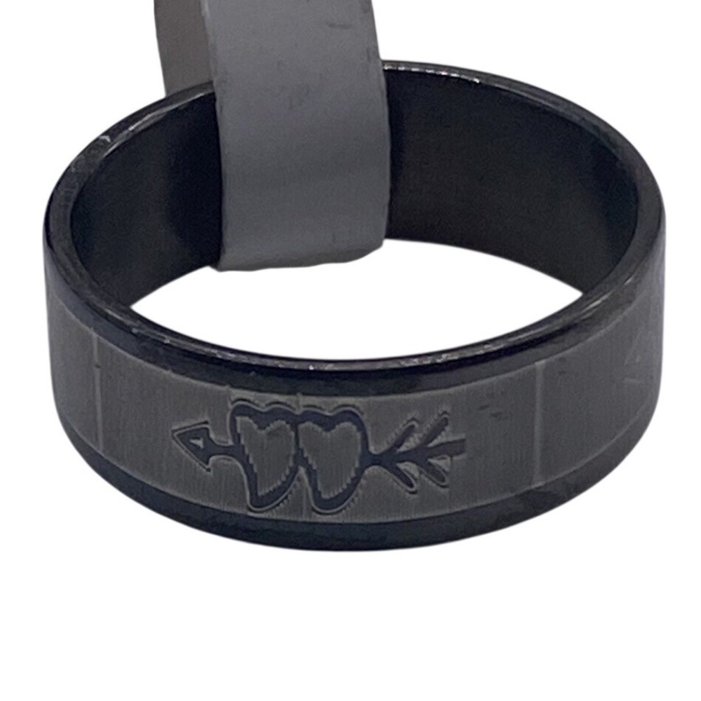 Double Heart Arrow Ring Unisex Size 8 Black Grey Stainless Steel Band Goth Emo
